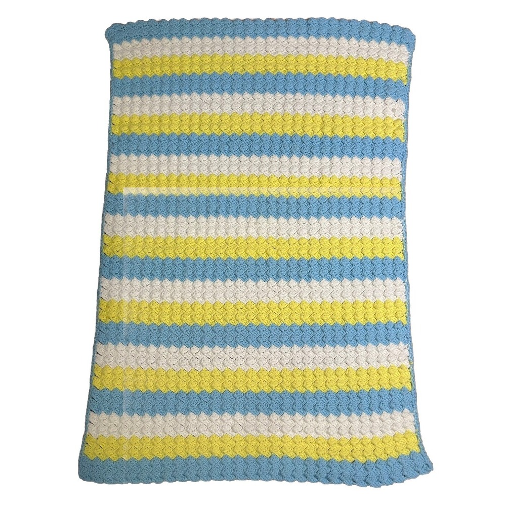 Baby Blanket Afghan Handmade Knitted 44" X 29" Blue Yellow White Soft Nursery